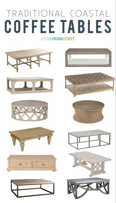 Traditional coastal coffee tables pictured. Beachy Coffee Table, Coastal Coffee Table, Coffee Table Pictures, Life On Virginia Street, Coastal Room, Traditional Interior Design, Coastal Living Rooms, Coastal Bedrooms, Table Haute