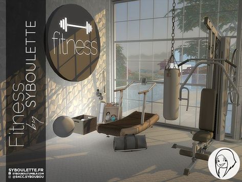 1. Treadmill | 2. Jumping ropes (hanged or on the floor) | 3. Boxing gloves (hanged or on the floor) | 4. Weight machine | 5. Punching bag (available for all three heights)| 6. Medecine ball | 7. Swiss ball | 8. Rolled yoga mat (decor AND functional with SPA DAY dlc) | 9. Kettlebell | 10. Fitness light sign (also available in simlish verison) | 11. Sport bag | 12. Dumbells | 13. Box Sims 4 Gym, Mods Sims 4, Lotes The Sims 4, Mod Furniture, Sims 4 Clutter, Free Sims 4, Casas The Sims 4, Planet Fitness, Sims 4 Toddler