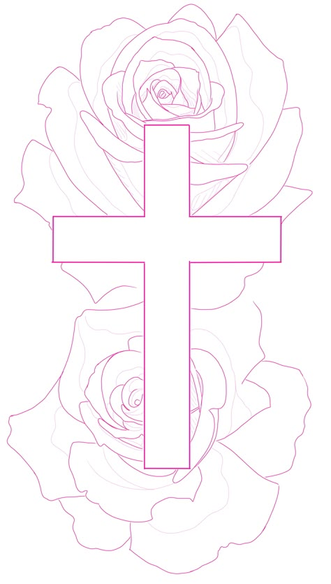 Cross And Rose Tattoo Design, Cross Roses Tattoo Design, Three Crosses Tattoo Design Stencil, Cross With Roses Drawing, Cross Art Drawing, Rose Tattoo Design Outline, Cross And Rose Tattoo, Cross With Roses Tattoo, Cross Tattoo Stencil