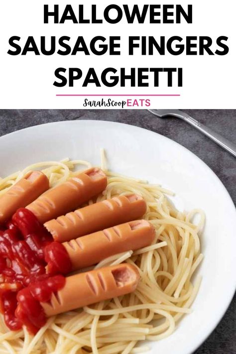 Spagetti Halloween, Halloween Spaghetti Dinner, Hot Dog Halloween Fingers In Chili, Scary Pasta, Spooky Spaghetti And Meatballs, Halloween Food Spagetti, Halloween Sausage, Halloween Spaghetti, Spaghetti With Sausage