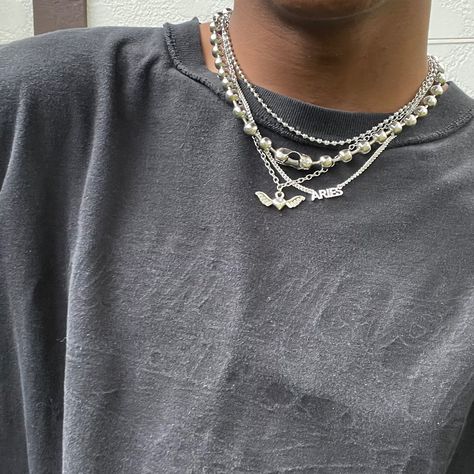 Layered Necklaces Silver Men, Guys With Necklaces, Men’s Layered Necklaces, Layered Jewelry Men, Aesthetic Chains Men, Stacked Jewelry Men, Mens Necklace Stack, Necklace Stack Men, Silver Chain Stack