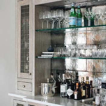 Leaded Glass Cabinets Over Pantry Doorway - Transitional - Kitchen Leaded Glass Cabinets, Bar Nook, Mirrored Tile, Home Wet Bar, Home Bar Rooms, Modern Home Bar, Bar Sala, Bar Shelves, Brown Cabinets