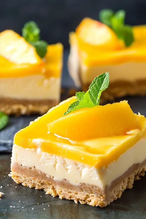 Looking for a quick and tasty treat? Try these No-Bake Mango Cheesecake Bars! Perfect for Summer gatherings or a fresh dessert at home, this fun recipe uses simple ingredients like cream cheese, fresh mango, and a buttery crumb base. Made without the oven, it’s refreshing and deliciously creamy—and you only need 10 minutes to prep! Make it ahead of time for parties or indulge right away for an everyday dessert option. Enjoy the vibrant mango flavor in every bite, perfect for mango lovers craving something unique! Mango Sauce, Mango Cheesecake, Dairy Free Cream, Rum Raisin, Tropical Smoothie, Mango Puree, Mango Flavor, Refreshing Desserts, Different Fruits