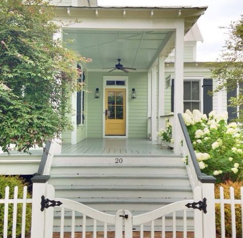 Pistachio house and mustard door. Adore this color combo. Home Town Hgtv, Erin Napier, Craftsman Cottage, Pintura Exterior, Bedroom Remodel, Front Door Colors, Green House, Remodel Bedroom, Exterior House Colors