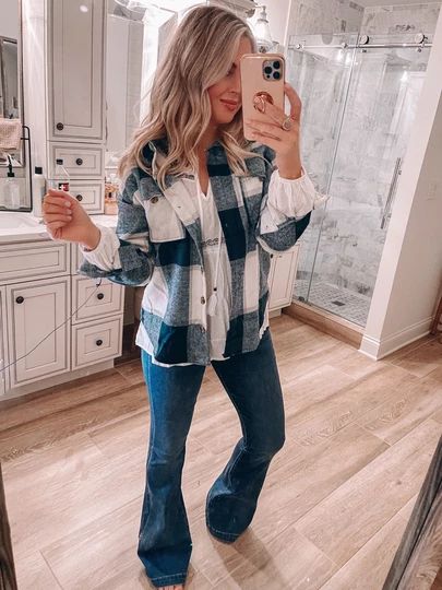 Blue And White Shacket Outfit, Flares And Flannel Outfit, Flared Jeans And Flannel Outfit, Flares And Shacket Outfit, Blue Plaid Shacket Outfit, Blue And White Flannel Outfit, Black And White Shacket Outfit, Blue Shacket Outfit, Jeans And Flannel Outfit