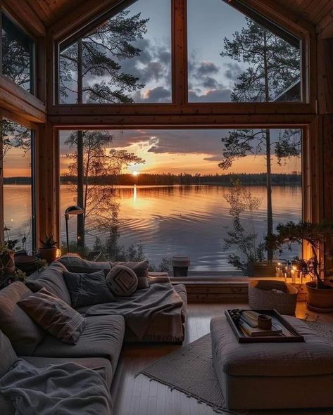 Cabin Sunset, Hygge Living, Cottage Lake, Lakeside Living, Perfect View, Cottage Inspiration, Living Room Goals, Dream Cottage, Sunset View