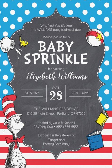 Dr. Seuss - The Cat in the Hat Baby Sprinkle Invitation
Personalize these chalkboard Cat in the Hat Baby Sprinkle invites with all your party details. Pottery Barn Baby, Baby Sprinkle Invitations, The Cat In The Hat, Cat In The Hat, Party Details, Baby Sprinkle, Dr Seuss, Baby Hats, Pottery Barn