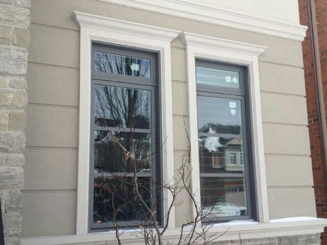 Custom exterior window trim design with header/pediment. Window Pediment Exterior, Portuguese Decor, Exterior Window Trim Ideas, Window Trim Paint, Exterior Window Trim, Backyard Envy, Cornice Design, Exterior Window, Window Trim Exterior