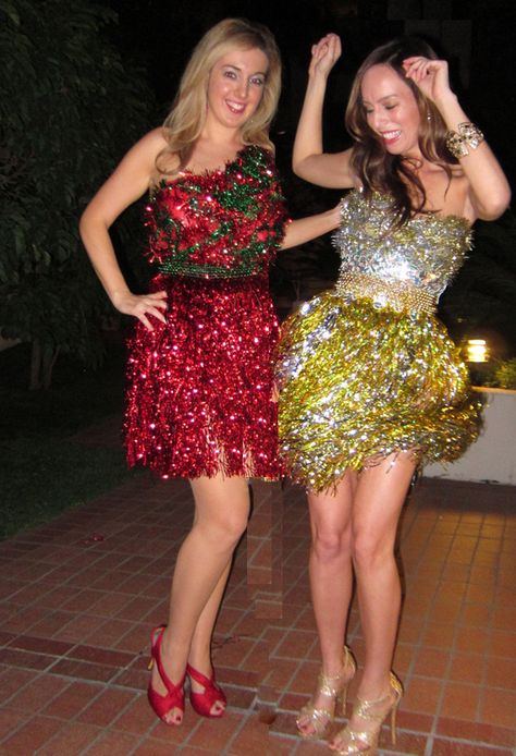 What to wear to an Anything But Clothes Christmas party tinsel fring skirt DIY Ornament Costume, Anything But Clothes Party, Party Tinsel, Diy Christmas Outfit, Anything But Clothes, Tacky Christmas Party, Abc Party, Cocktails Party, Carnaval Costume