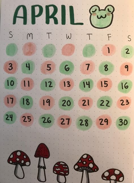 Here’s the calendar page for my April bullet journal spread! 🐸🍄 April Journal Ideas Aesthetic, How To Draw A Calendar, Diy Calendar Aesthetic, Calender Ideas Aesthetic, 2024 Calender Ideas, Diy 2024 Calendar, Drawing Of Calendar, Journal Ideas Calendar, Journal Calendar Ideas