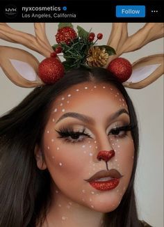 Reindeer Makeup Simple, Christmas Day Makeup, Rudolph Makeup, Doe Makeup, Reindeer Makeup, Christmas Makeup Simple, Christmas Makeup Tutorial, Seasonal Makeup, Xmas Makeup