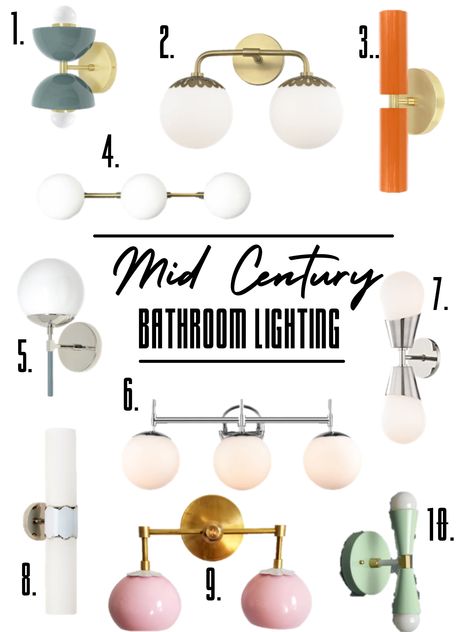 mid century lighting ideas for a bathroom vanity Retro Bathroom Lights, Mcm Bathroom Vanity Lighting, Mid Century Mod Bathroom, Green Mcm Bathroom, Mcm Vanity Light, Mod Century Bathroom, Mid Century Modern Guest Bathroom, Blue Mid Century Bathroom, Mid Century Bathroom Light