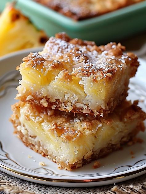 Need a sunny escape from the everyday? Just one blissful bite of these pineapple bars will instantly transport you to an island-inspired happy place. They're bright, buttery and absolutely bursting with all the vibrant sweet-tart Pineapple Coconut Squares Recipe, Fruit Squares And Bars Recipes, Fruity Dessert Recipes Easy, Pioneer Woman Orange Bars, Easy Desserts Pineapple, Tropical Pineapple Bliss Bars, Pineapple Bliss Bars, Decadent Dessert Recipes, Pineapple Squares Recipe