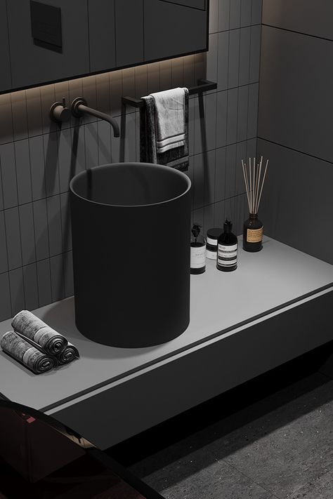 Dark. on Behance Bathroom With Red Accents, Black And Grey Living Room, Dark Moody Interior, Wash Counter, Dark Apartment, Modern Bar Stools Kitchen, Glass Bathtub, Modern Kitchen Bar, Dark Gray Bedroom