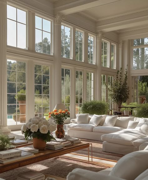 Calming House Aesthetic, Big French Windows Living Room, All Glass Window Living Room, Living Room Designs Mansion, Classical Interior Living Room, English Manor Houses Interior Living Room, Modern House Countryside, French Cozy Living Room, Big Glass Doors Living Rooms