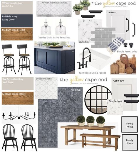 Grey And White Kitchen Accent Colors, Navy White Interior Design, Gray White Blue Kitchen, Black White Navy Kitchen, Navy White And Yellow Kitchen, Navy And Off White Kitchen, Coordinating Kitchen Colors, Navy White Gray Living Room, Gray Kitchen And Dining Room Ideas