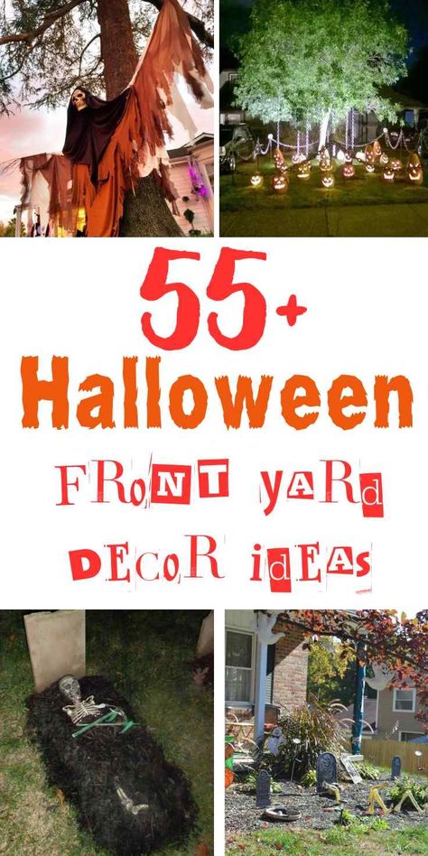 55+ Chillingly Creative Halloween Front Yard Decor Ideas for 2024 1 Fun Halloween Yard Displays, Halloween Themed Front Yard, Halloween Front Yard Theme Ideas, Outdoor Halloween Decor Front Yards Simple, Lawn Party Ideas, Halloween Front Yard Decorations, Outdoor Halloween Decor Front Yards, Front Yard Decor Ideas, Halloween Front Yard