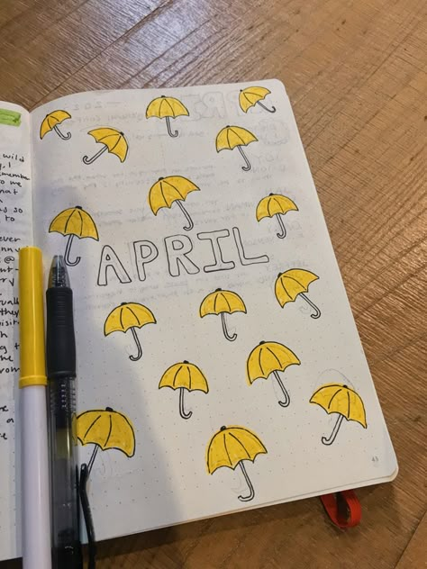 Umbrella Bullet Journal, Bujo April Theme, April Drawings, Bullet Journal April Cover, April Bujo Cover, Spring Bujo, April Bullet Journal Cover, Handwriting Journal, Bolt Journal