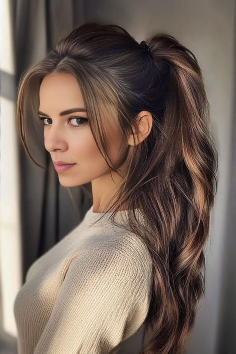 Flowing Hair Reference, Messy Ponytail Hairstyles, Light Auburn Hair, Overnight Hairstyles, Messy Ponytail, Goddess Braids Hairstyles, Going Out Hairstyles, Beautiful Portraits, Long Brown Hair