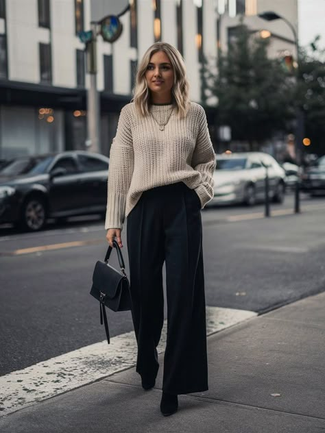 15 Fabulous Wide Leg Pant Outfit Ideas That'll Make You Ditch Your Skinny Jeans 7 Black Wide Leg Pants Outfit Winter Classy, Loose Black Pants Outfit Work, Wide Leg Jeans And Turtle Neck Outfit, Leather Wide Leg Pants Outfit Winter, Wide Leg Pant Outfits Winter, Wide Leg Twill Pants Outfit, Wide Leg Sweater Pants Outfit, Black Wide Leg Ankle Pants Outfit, Satin Green Pants Outfit