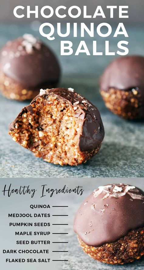 Quinoa Balls, Quinoa Chocolate, Chocolate Quinoa, No Bake Recipe, Plats Healthy, Energy Bites Recipes, Healthy Protein Snacks, Energy Ball Recipe, Vegan And Gluten Free