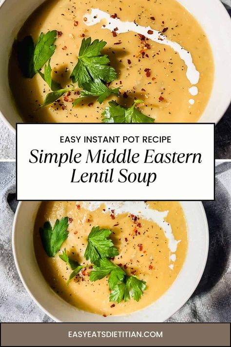 Simple Middle Eastern Lentil Soup (Instant Pot) Middle Eastern Lentil Soup Recipe, Lentil Soup Instant Pot, Lentil Soup Recipe Healthy, Middle Eastern Lentil Soup, Easy Soup Recipes Healthy, Soup Instant Pot, Lenten Recipes, Lentils Beans, Lentil Soup Recipe