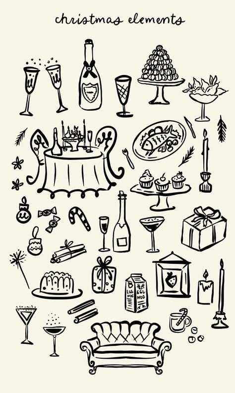 Hand Drawn Whimsical Christmas & New Year Illustrations Clipart, Whimsical Holiday Invitations Clipart, Winter Hand Drawn Icons in SVG - Etsy Christmas Dinner Hosting, Handwritten Aesthetic, Christmas Illustration Design, Fonts Alphabet Handwritten, New Year's Drawings, Christmas Fonts Alphabet, Best Canva Fonts, Canva Christmas, Merry Christmas Font