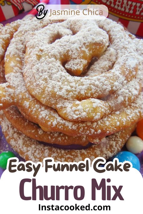 Discover how to make a delicious funnel cake with a twist using Tres Estrellas Churro Mix. This easy-to-follow recipe delivers a crispy, golden-brown treat sprinkled with cinnamon-infused powdered sugar. Cake Mix Funnel Cake Recipe, Pancake Mix Funnel Cake Recipe, Churro Funnel Cake, Homemade Funnel Cake Recipe Easy, Flavored Funnel Cake Recipe, Funnel Cake Recipe Easy Pancake, Funnel Cake Cupcakes, Easy Funnel Cake Recipe Simple, Funnel Cake Recipe Easy