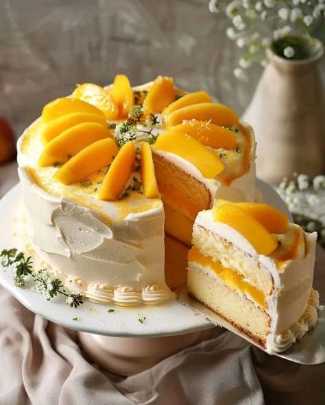 Recipes patisserie simple | 🍰Mango Chiffon Cake🍰 | Facebook Mango Layer Cake, Chiffon Cake Design, Japanese Chiffon Cake, Mango Chiffon Cake, Orange Chiffon Cake, Tiny Cakes, Mango Cake, Halloween Food Treats, Peach Cake