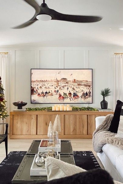 Tv Console Holiday Decor, Tv Media Console Styling, Media Table Decor, Tv Console Table Styling, Media Console Christmas Decor, Christmas Media Console Decor, How To Style A Tv Console, Tv Console Decorating Modern, Styling Tv Console