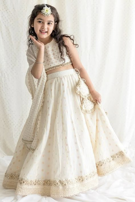 Ivory Lehenga, 4 Daughters, Frocks For Kids, Kids Party Wear Dresses, White Lehenga, Kids Party Wear, Wedding Dresses For Kids, Wedding Dresses Indian