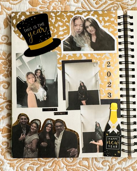 Scrapbook Ideas New Year, Nye Scrapbook Pages, New Year Scrapbook Layout, Sweet 16 Scrapbook Ideas Layout, New Years Scrapbook Page, Scape Book Ideas, New Years Scrapbook Layouts, Senior Year Memory Box Ideas, Freshman Year Scrapbook Ideas