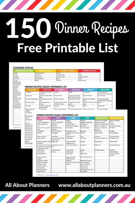 150 dinner recipes free printable list make meal planning ideas tips cooking all about planners free download List Of Dinner Ideas Menu Planning, List Of Meal Ideas Menu Planning, Baked Meatball Subs, Chicken Noodle Bake, Spinach Ricotta Pie, Salmon Fish Cakes, Lamb Casserole, Easy Weekly Meals, Bullet Journal Meal Planning