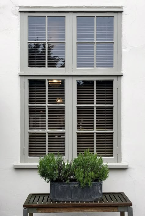 Grey Windows White House, White Window Frames Exterior, 1930s Exterior, Light Grey Window Frames, French Gray Windows, Grey Window Frames Exterior, White House Grey Windows, Painted Windows Exterior, Light Grey Windows Exterior