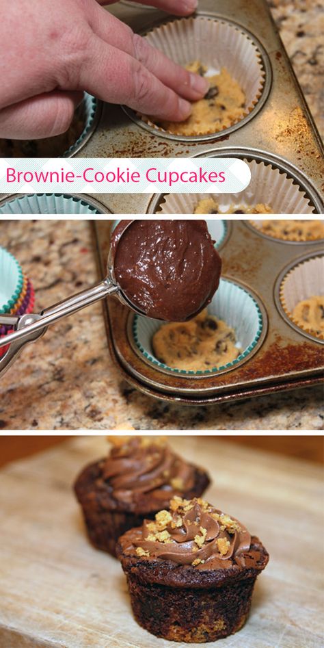 Can’t decide whether to make brownies, cookies or cupcakes for the bake sale, birthday party or after-dinner treat? Combine everybody’s favorite desserts with this super-simple cupcake recipe that’s so easy with the help of boxed brownie mix and a pouch of cookie mix. Click through for the step-by-step instructions and photos! Italian Cream Cupcakes, Cookie Cupcakes, Bake Sale Treats, Cake Brownie, Chocolate Chip Cookie Mix, Bake Sale Recipes, Easy Cupcake Recipes, Italian Cream, Brownie Cupcakes