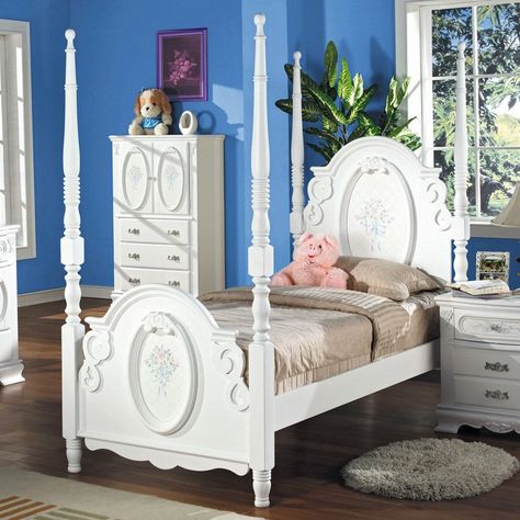 Flora Poster Bed $419.99 Traditional Bedroom Furniture, Twin Bedroom Sets, Youth Bedroom, Twin Bedroom, Poster Bed, Kids Bedroom Sets, Acme Furniture, Traditional Bedroom, Girl Beds