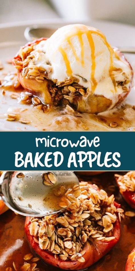 Delicious microwave baked apples filled with a sweet oats mixture is an easy apple dessert made in the microwave and ready in 10 minutes! Top with ice cream and serve! Apple In Microwave, Easy Fall Apple Desserts, Microwave Baked Apples, Apple Dessert Recipes Easy, Baked Apple Dessert, Apple Desserts Easy, Microwave Baking, Apple Dessert, Apple Dessert Recipes