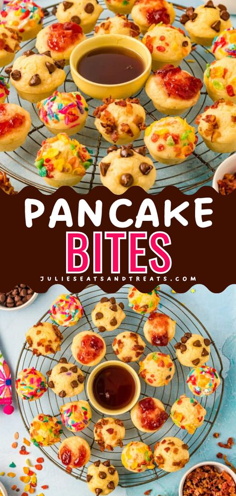 These bite-sized Pancake Bites are a delicious twist on traditional pancakes. Imagine fluffy pancake batter poured into a mini muffin tin, mixed with your favorite add-ins like juicy blueberries or chocolate chips. Pancake Cake Pops, Pancake Bar Ideas Kids, Pancake Bites Muffin Tins, Pancake Appetizer, Mini Pancake Bites, Pancake Poppers, Shareable Desserts, Pancake Mix Muffins, Pancake Cups