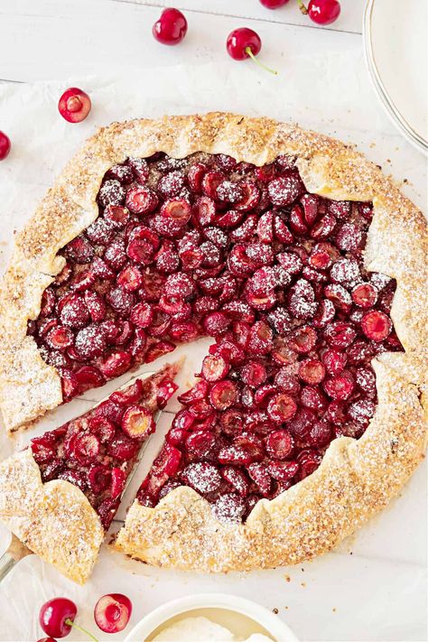 Cherry Almond Galette Almond Galette, Cherry Galette, Seasonal Recipes Fall, Shortcrust Pastry Recipes, Almond Ice Cream, Galette Recipe, Cherry Filling, Frozen Cherries, Cherry Almond