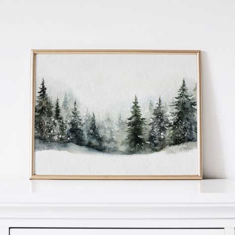 "Winter Pine Forest Christmas Printable Wall Art Soft falling snow covers these winter pine trees. This is a beautiful watercolour that will suit your Christmas or winter themed decor. Please note, this is a high-resolution DIGITAL download for PRINTABLE art.  More winter and Christmas printables: https://www.etsy.com/ca/shop/LittleLadyPrintShop?ref=seller-platform-mcnav&section_id=22522953 Frame tv version: https://littleladyprintshop.etsy.com/listing/1583928754 This printable is available in a set of two: https://littleladyprintshop.etsy.com/listing/1586453604 It is also available as two vertical prints: https://littleladyprintshop.etsy.com/listing/1598840479 Your download includes the following sizes: RATIO 2:3 4x6\" | 8x12\" | 12x18\" | 16x24\" | 20x30\" | 24x36\" RATIO 3:4 6x8\" | 9x1 Large Christmas Painting, Diy Christmas Artwork, Christmas Winter Painting, Framed Christmas Art, Boho Winter Art, Winter Abstract Painting, Winter Art Wallpaper, Painting Gift Ideas Canvases, Snow Trees Painting