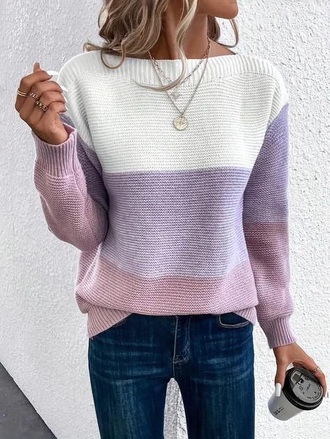 Color Block Crew Neck Sweater Casual Long Sleeve Sweater - Temu Patchwork Sweater, Bandeau Tops, Elegant Sweater, Casual Chique, Winter Pullover, Wool Clothing, Stil Elegant, Stylish Sweaters, Estilo Chic