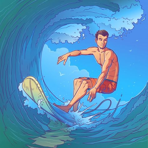 Vector illustration of a surfer Free Vector Surf Drawing, Surf Boy, Surf Painting, Wave Illustration, Watercolour Texture Background, Surfing Waves, Surf Art, Paper Cut Art, Art And Illustration