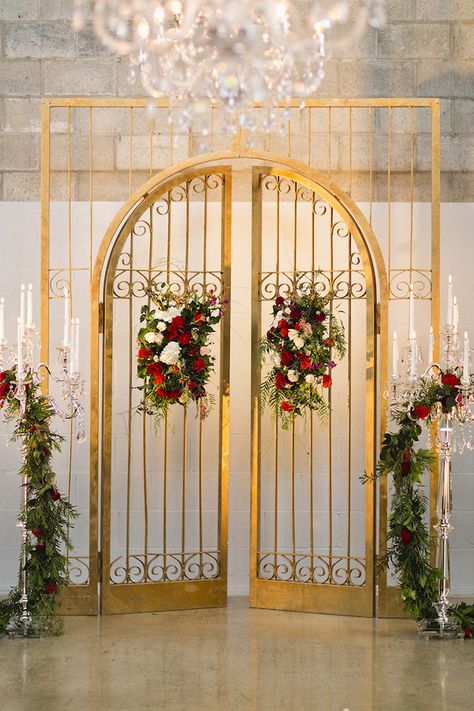 Industrial Luxe Inspiration in Ruby, Black & Gold Industrial Luxe, Gold Gate, Long Lunch, Wedding Background Decoration, Wedding Entrance Decor, Wedding Stage Design, Backdrop Frame, Wedding Backdrop Design, Wedding Backdrop Decorations