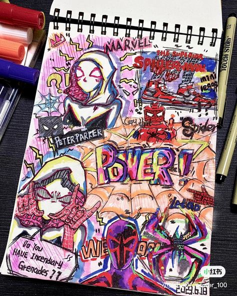 Things To Add In The Background Of Drawings, Art Collab Template 2 People, Spiderman Into The Spiderverse Art Style, Spider Man Art Drawing, Spider Verse Graffiti, Spiderman Into The Spiderverse Art, Grafitti Art Ideas Inspiration, Cool Drawings Creative, Spiderverse Sketchbook