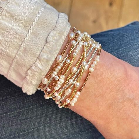 Pearl Beaded Bracelets | Dainty Stretch Bracelets | Gold and Silver – Strands and Bands by Fran Bracelets Gold And Silver, Bracelets Dainty, Silver Strand, Stacking Bracelets, Wrist Jewelry, Bracelet Display, Bracelets Gold, Gold Bead Bracelets, Stacked Jewelry