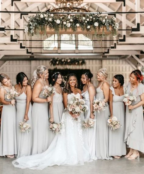 Mumu Weddings on Instagram: "Our jaws are on the floor 😍 Dove Grey + Silver Luxe Satin 🕊✨ #mumuweddings #dovegreymumu" Dove Grey Bridesmaid Dresses, Mumu Wedding, Silver Bridesmaid Dresses, Silver Bridesmaid, Wedding Options, Grey Bridesmaid Dresses, Future Wedding Plans, Wedding Theme Colors, Dove Grey