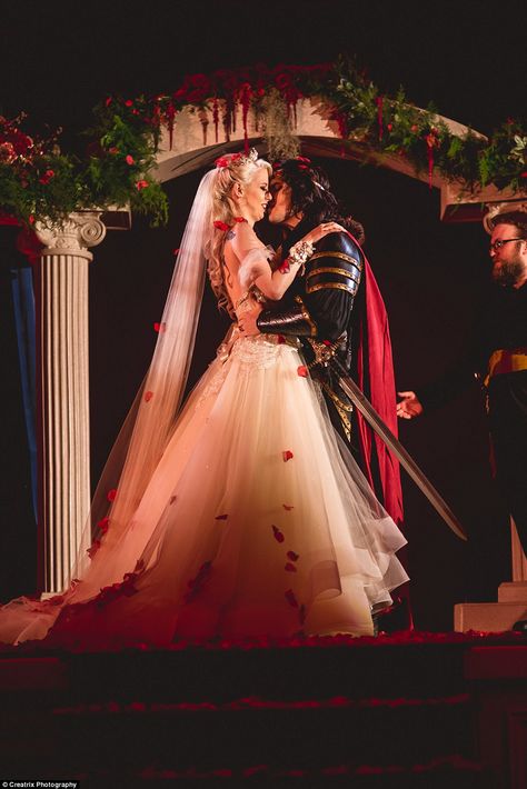 Unique: Vampire-obsessed couple Logan South, 30, and Daley Catherine, 29, tied the knot in an extravagant, $120,000 ceremony paying tribute to their community¿complete with a Dracula cake, pole dancers, and fangs Vampire Wedding, Red Rose Petals, Dark Wedding, Weddings By Color, Queen Costume, Cathedral Veil, King And Queen, Gothic Wedding, White Gowns