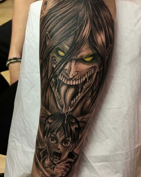 Attack On Titan Tattoo Eren, Shingeki No Kyojin Tattoo, Anime Tattoo Ideas Manga, Titan Tattoo, Attack On Titan Tattoo, 16 Tattoo, Manga Tattoo, Forarm Tattoos, Naruto Tattoo