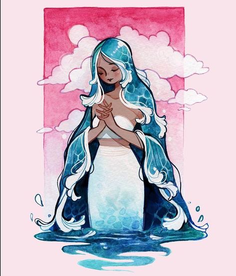 feef on Instagram: Accidentally drew the same water lady twice, I swear it wasn’t intentional they have the exact same color palette and everything?! This new one is actually a really old watercolor painting I touched up digitally, you can still find the original painting if you scroll back like… 5 years or something. The second one is one of my favorite pieces I’ve ever made, it’s just so soothing to look at. Lemme know which version of this water lady you prefer Ocean Hair Art, Oc With Water Hair, Sea Goddess Character Design, Ocean Hair Drawing, Water Person Art, Water Dress Drawing, Water Hair Drawing, Water Hair Art, Illustration Art Feminism