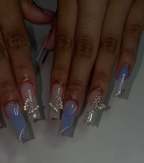 Cinderella Nail Ideas, Blue And White Nails Square, Acrylic Nails Blue And Silver, Cinderella Themed Nails, Light Blue Coquette Nails, Light Blue Butterfly Nails, Light Blue Nails Prom, Cinderella Nails Acrylic, Baby Blue Prom Nails